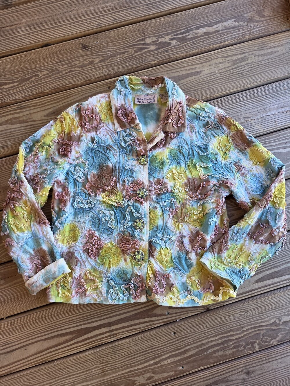 Vintage 90s New Direction Artsy Tie Dye Jacket Medium Whimsical Ribbon Ruffle